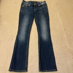 Miss Me Low Rise Boot Cut jeans nicely jeweled size 28 X 33 1/2